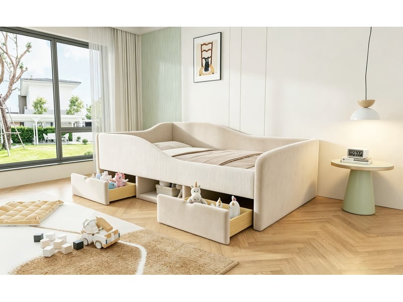 Lit avec tiroirs 90 x 190 cm lit simple à deux tiroirs structure rembourrée revêtement en velours barrières de sécurité coloris beige velours doux - Conforama B
