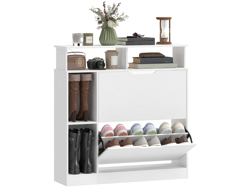Meuble à chaussures, armoire à chaussures, 2 tiroirs rabattables, compartiments ouverts et étagère réglable, blanc - Conforama A