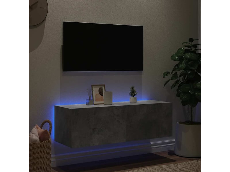  Meuble tv - banc tv - meuble de rangement mural avec lumières led gris béton 100x35x31 cm  - Conforama D