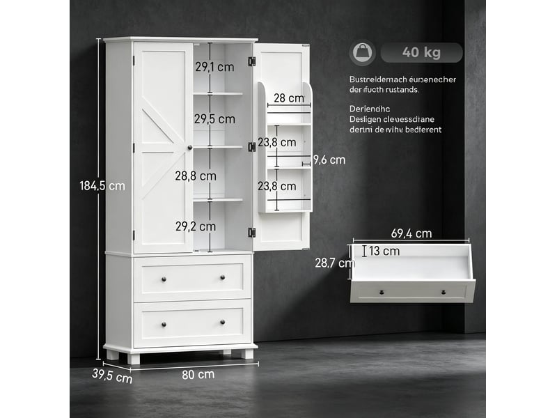  Buffet de cuisine haut 80 x 39,5 x 184,5 cm, 2 portes, 2 tiroirs, blanc  - Conforama C