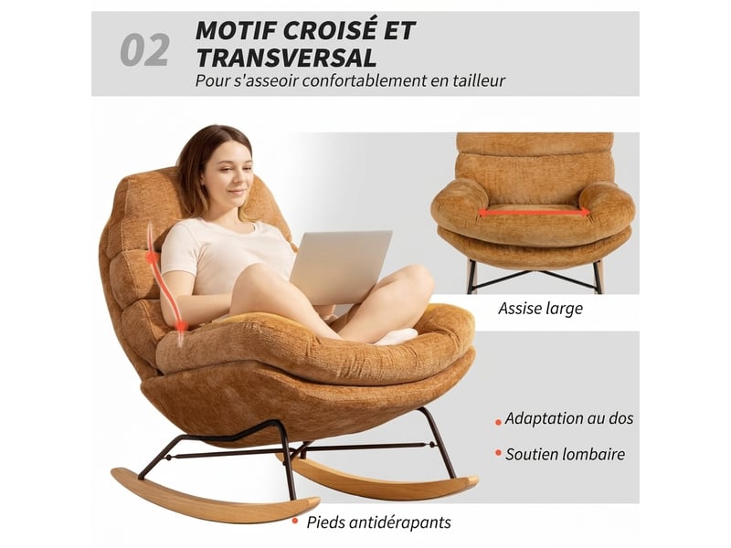  Fauteuil à bascule jaune, chaise à bascule rembourrée avec pieds en acier et patins en bois, 80x103x91 cm  - Conforama W