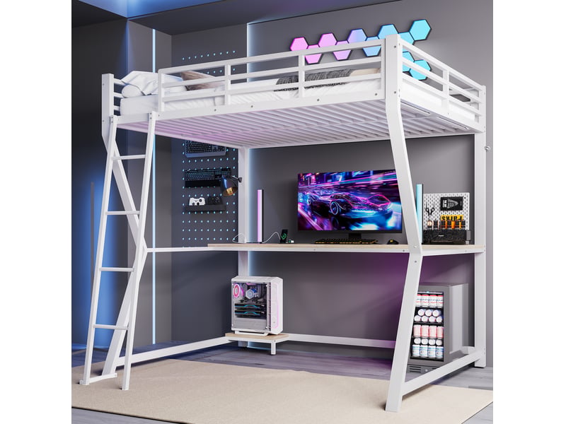  Lit mezzanine 140 x 200 cm avec bureau, led, prises usb et escalier blanc  - Conforama E