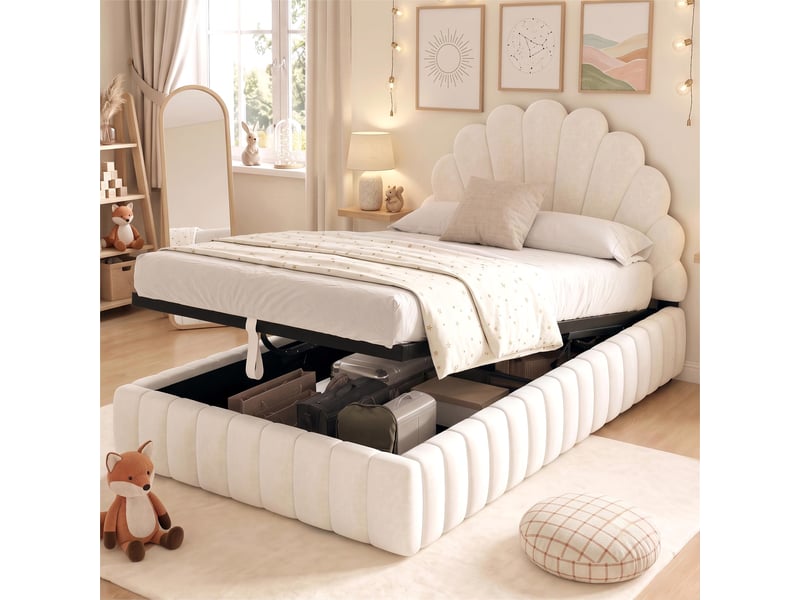  Lit enfant coffre rembourré 90x200 cm avec grand rangement hydraulique, tête de lit capitonnée en forme de fleur, sommier à lattes, velours, beige  - Conforama D
