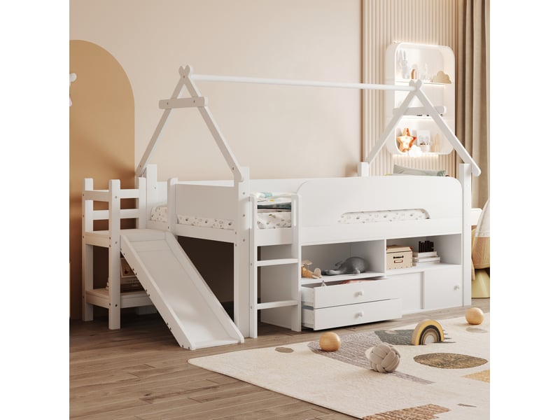  Lit enfant mezzanine rangement 90x200 bois massif toboggan toit maison homvra  - Conforama B