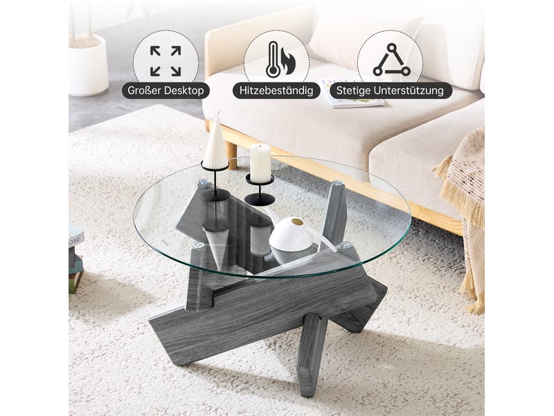  Table basse ronde 79x79x45 cm, meuble de salon, design en croix, plateau en verre, pieds en mdf, gris et transparent  - Conforama D