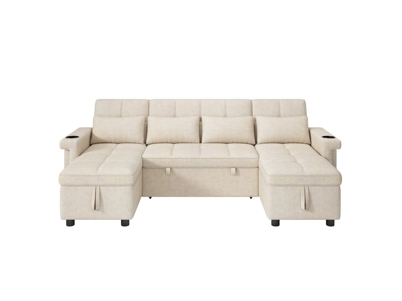  Canapé d'angle en u convertible,4 places,avec  2 méridiennes de rangement, éclairage led, port usbtype-c,268,5 × 141,5 × 90 cm,beige  - Conforama A