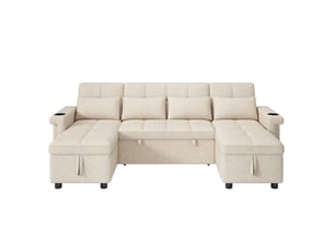 Canapé droit convertible <strong>BGSRYAO</strong> <strong></strong> 4 places Tissu beige avec coffre de rangement