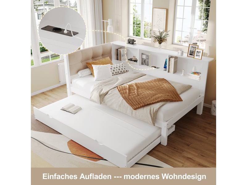  Lit banquette 90x200 pin massif blanc avec lit gigogne et éclairage led  - Conforama E