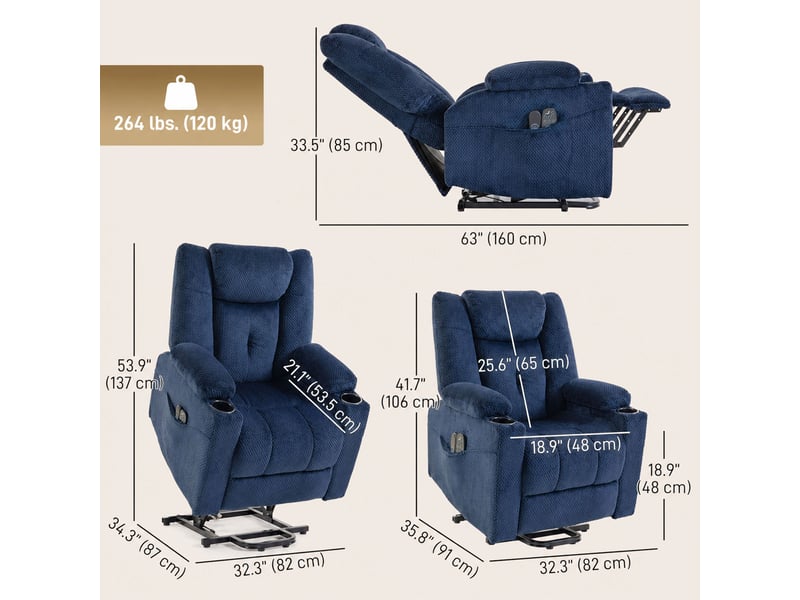 Fauteuil releveur électrique massant chauffant tissu maille velours bleu marine - Conforama C