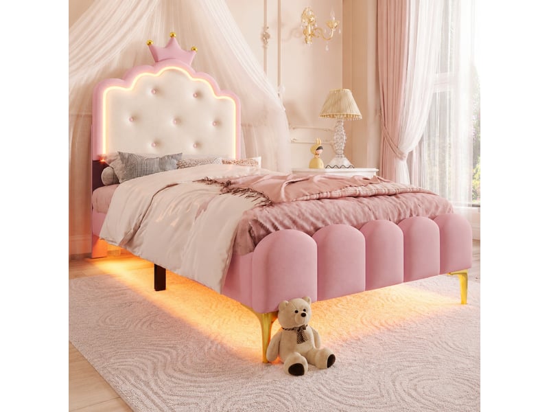 Lit enfant 90x200 cm avec sommier, éclairage led avec télécommande, rose - Conforama B