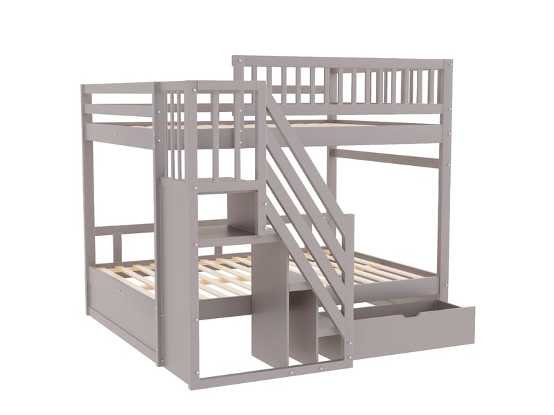  Lit superposé enfant 140x200 cm – gris – escalier de rangement, tiroir inférieur et sommier, sans matelas  - Conforama D