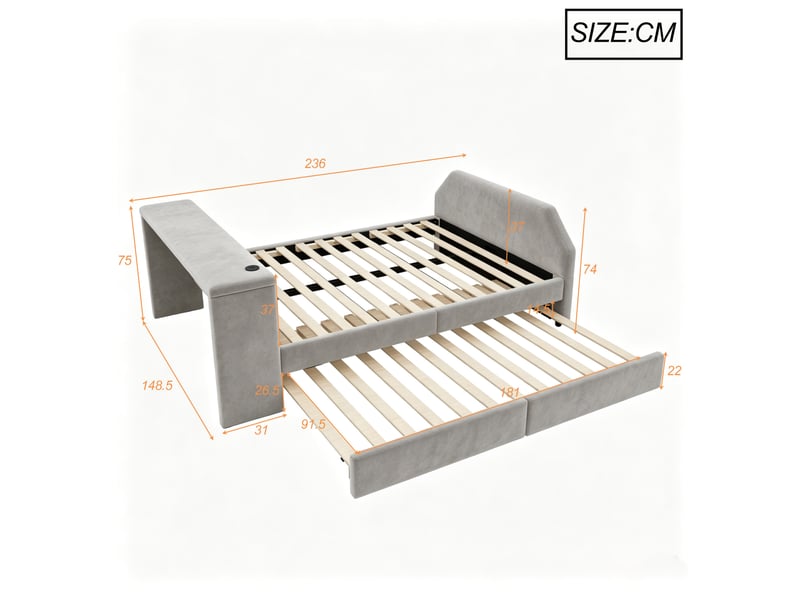  Lit gigogne rembourré modenvie avec bureau et port usb 140 x 200 cm gris  - Conforama C
