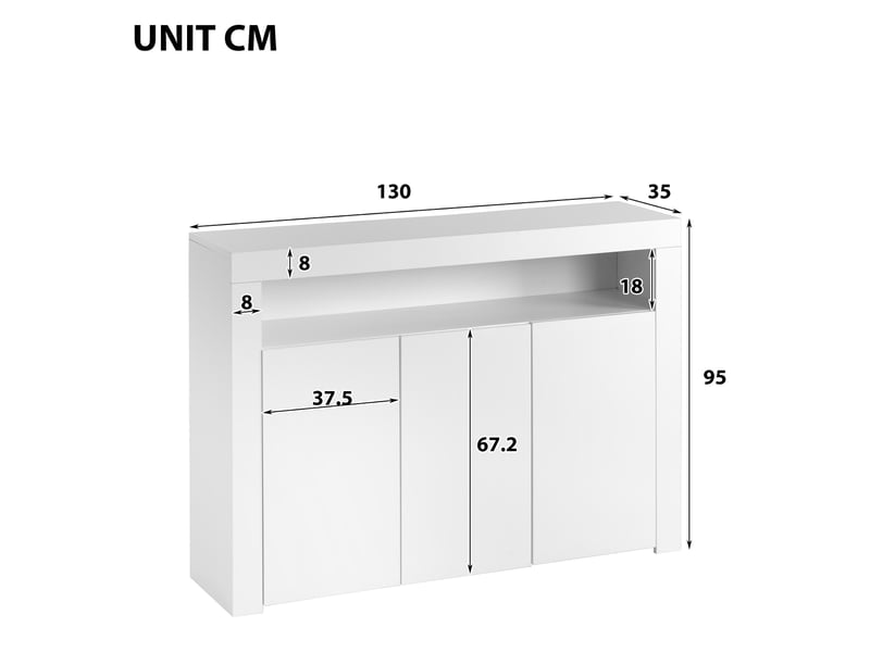 Buffet vitrine 3 portes avec 2 niches et led pour salon 130×35×95 cm en panneaux de particules blanc - Conforama E