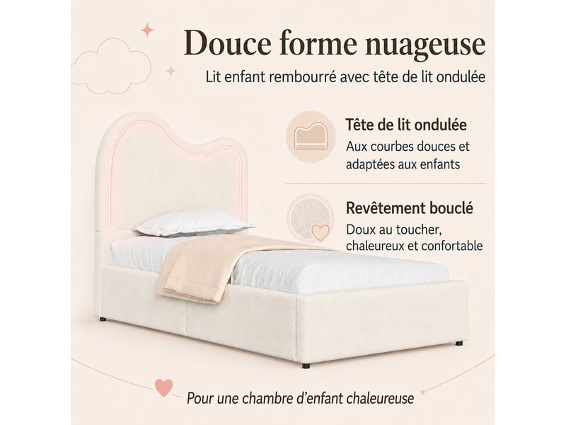 Lit coffre hydraulique 90 x 200 cm, lit enfant avec tête de lit rembourrée et led, sommier à lattes, bouclé blanc - Conforama D