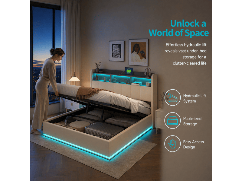  Lit hydraulique 140x200 avec éclairage led, lit coffre avec rangement et tête de lit capitonnée cadre de lit double avec led et chargeur usb lit 2 places avec lattes beige velours, sans matelas  - Conforama E