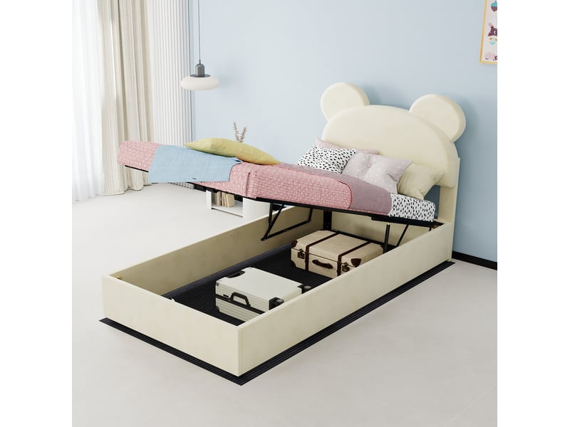  Lit enfant coffre 90x200 cm, tête de lit rembourrée forme cartoon, ouverture à vérins, tissu et métal, beige sans matelas  - Conforama B