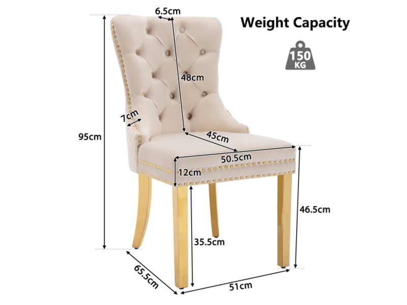  Lot de 2 chaises de salle à manger en velours avec heurtoir à l'arrière,garniture en tête de clou et pieds en acier inoxydable plaqué or,beige chaise beige - Conforama C