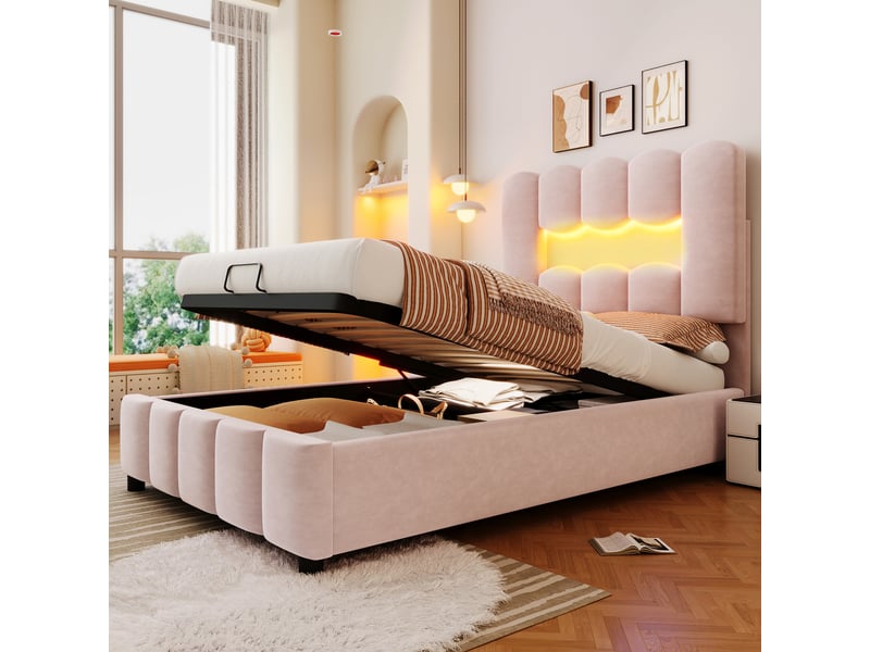  Lit rembourré 90 x 200 cm sans matelas, éclairage led, coffre hydraulique, tête réglable, velours rose  - Conforama D