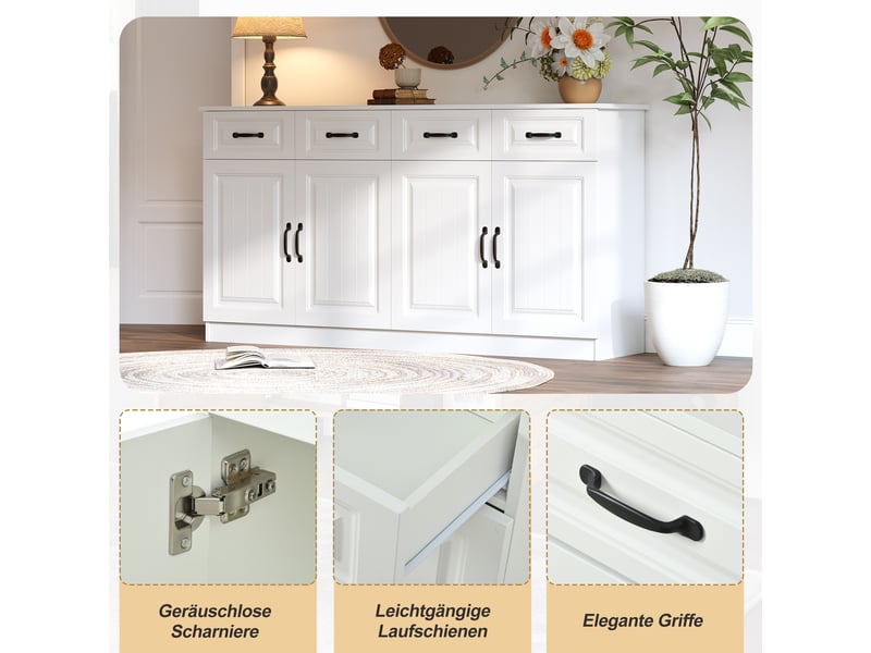  Buffet commode 160x35x80 cm avec façade rainurée - 4 tiroirs 4 portes 2 étagères 8 poignées métal - blanc BUYDEEMEUS - Conforama E