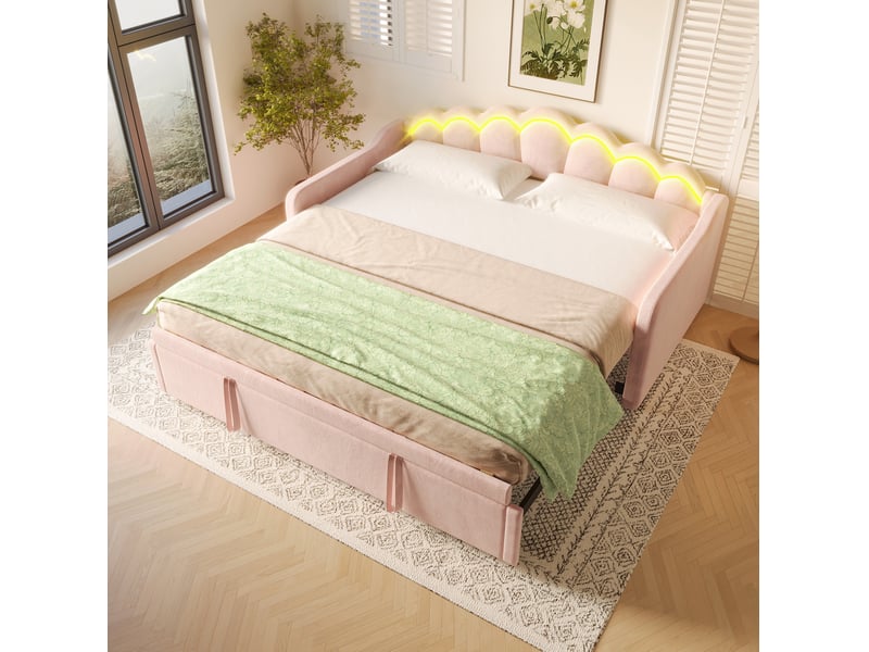 Lit gigogne 90x200 cm extensible 180x200 cm en velours rose avec led - Conforama D