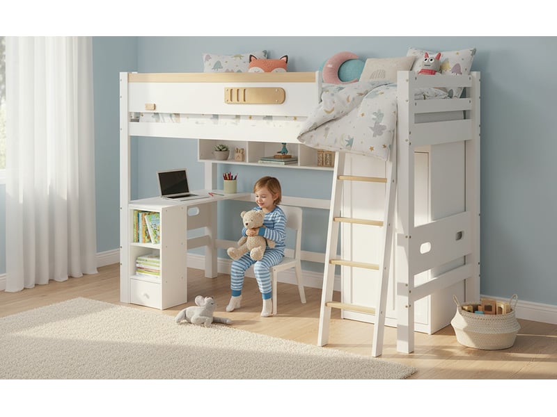 Lit mezzanine avec bureau et armoire - 90x200cm - étagères ouvertes et échelle à 4 échelons - avec sommier à lattes - blanc et naturel - Conforama B