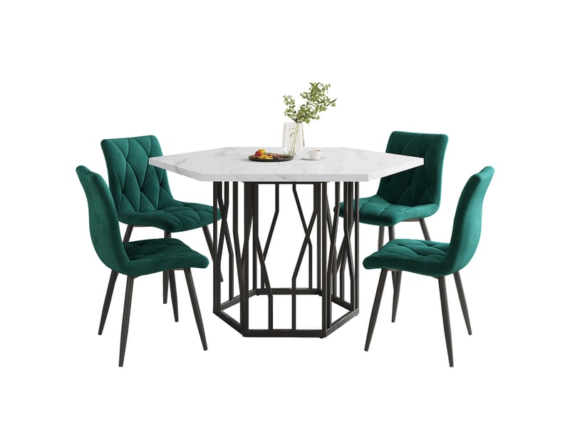  Ensemble table à manger et 4 chaises – blanc, noir et vert – table hexagonale effet marbre blanc, piètement métal noir, assises velours vert  - Conforama A