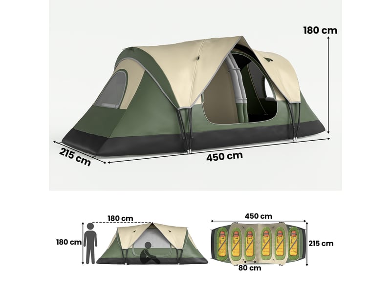  Tente de camping 3 personnes avec 2 chambres séparées, polyester et fibre de verre, 450 x 215 x 180 cm, vert foncé  - Conforama E