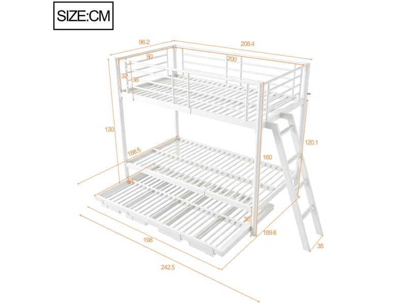  Lit superposé enfant 90x200 cm en métal blanc avec lit gigogne extensible  - Conforama C