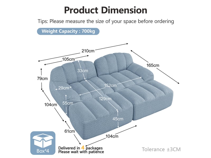  Canapé modulaire 2 places avec ottomans et assise ergonomique en tissu fleece granuleux bleu  - Conforama E