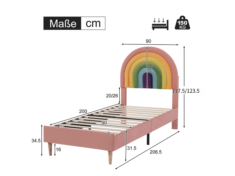 Lit simple enfant 90x200 cm, pieds 16cm, tête réglable 6 cm, sommier à lattes solide, velours, rose, sans matelas - Conforama C