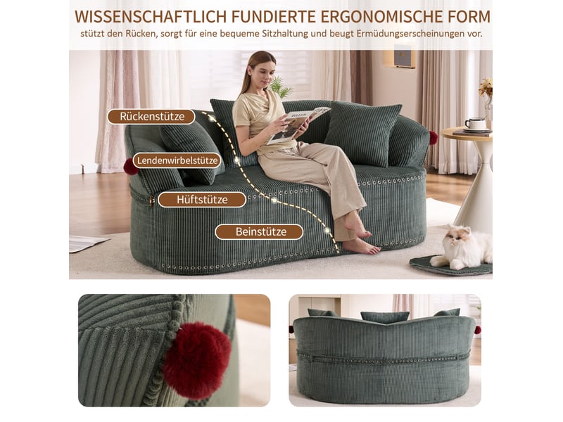 Canapé 2 places 163x93 cm – vert foncé – velours côtelé, silhouette chapeau de clown et 3 coussins inclus - Conforama E