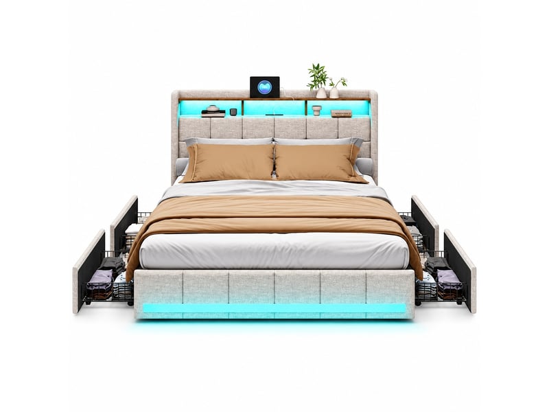 Lit double rembourré 140x190 cm, avec éclairage led, lit coffre avec 4 tiroirs, tête de lit avec 2 usb, 1 type c, sommier à lattes, lin, beige - Conforama A