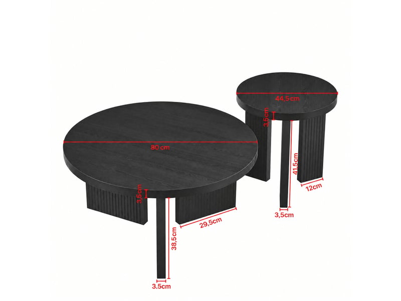  Ensemble de deux tables basses rondes à pieds rainurés, mdf, diamètres 80 et 44,5 cm, noir  - Conforama C
