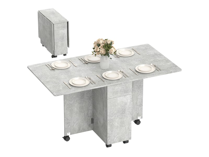  Table de salle à manger pliante sur roulettes avec 2 tiroirs, 2 portes et un placard, en bois, 140 x 76 x 74 cm, gris ciment  - Conforama A