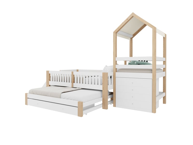  Lit enfant cabane 90 x 200 cm avec lit gigogne, rangements, blanc et bois  - Conforama A