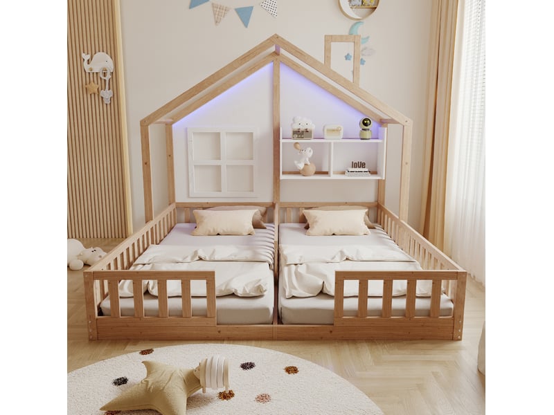  Modenvie lit enfant double 90x200 cm - avec led, avec rangement intégré, sans matelas - pour chambre d'enfant - naturel  - Conforama D