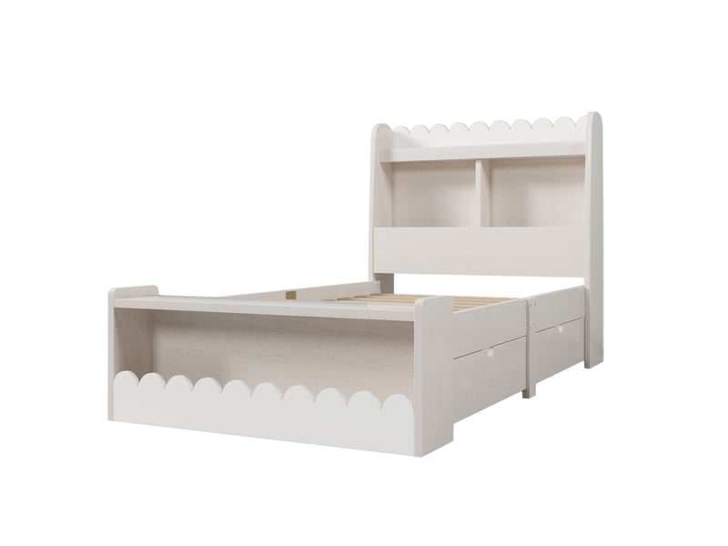  Lit enfant 90x200 cm avec sommier et tiroirs blanc et chêne clair bois massif et mdf rangement intégré Sol Morn - Conforama A