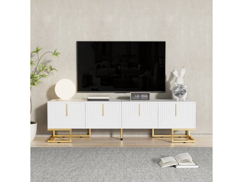  Meuble tv 170x40x45,5 cm élégant, pieds et poignées dorés, portes à étagères intégrées, panneau de particules blanc  - Conforama B