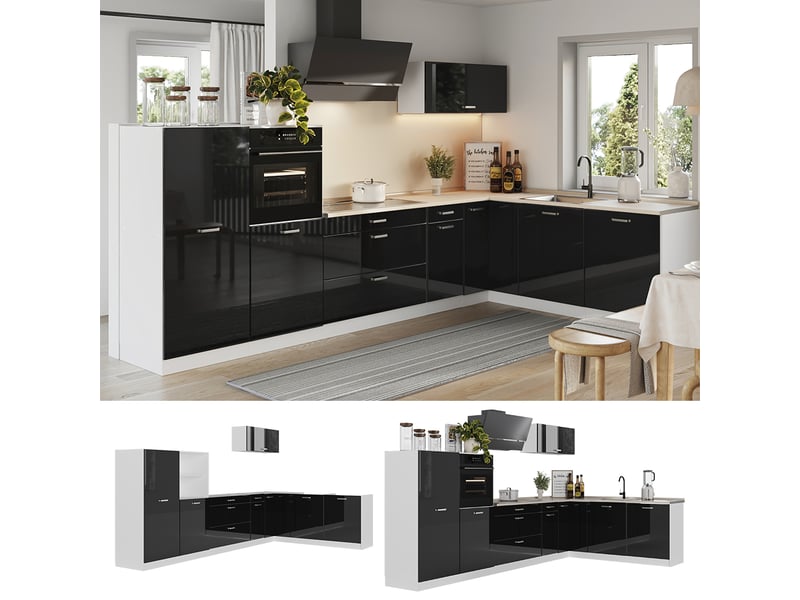  Vicco cuisine en angle, noir haute brillanceblanc, 347 x cm plan de travail marbre  - Conforama D