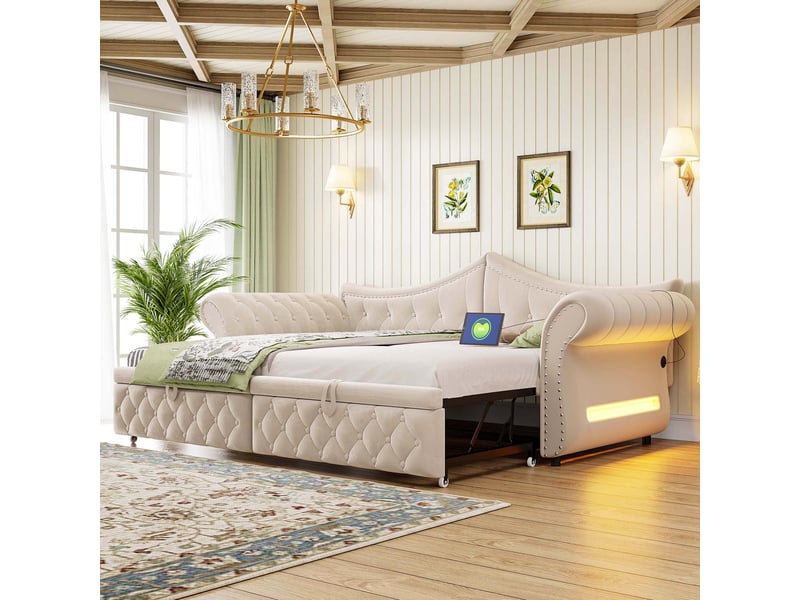  Canapé-lit rembourré 90 x 200 cm – avec port de charge usb – avec éclairage led – avec lit gigogne – beige (matelas non inclus)  - Conforama R