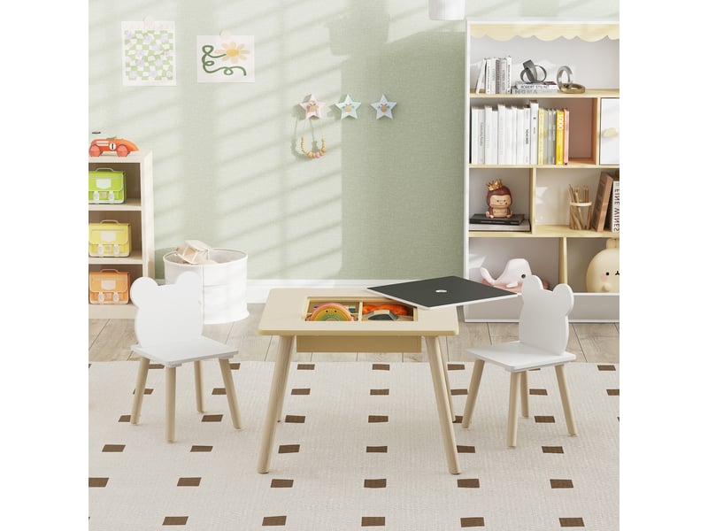  Ensemble 1 table et 2 chaise 3 pièces pour enfants avec plateau réversible espace de bois rangement naturel  - Conforama D
