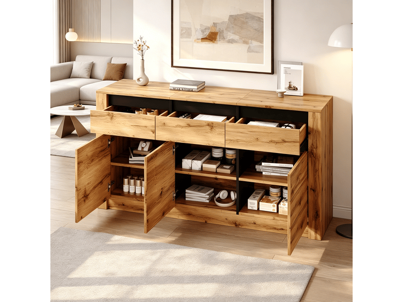  Buffet 3 tiroirs et 3 portes à étagères réglables pour salon 140×35×70 cm en panneaux de particules naturel  - Conforama B