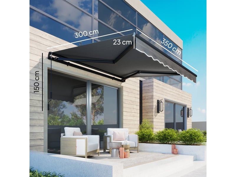  Store banne à bras articulés 350 x 300 cm, comprenant manivelle et support mural, angle réglable  - Conforama E