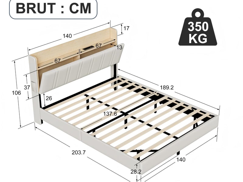  Lit 2 places 140x190 adulte en tissu beige avec tête de lit 2 placese – lit 2 places  avec éclairage led intégré et sommier à lattes  - Conforama C