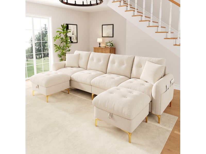  Canapé modulable 4 places 263x137x85 cm avec 2 poufs de rangement beige  - Conforama D