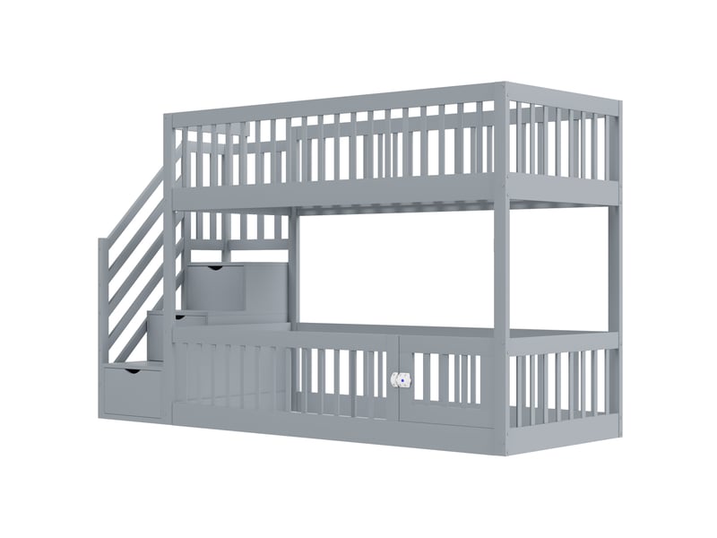  Lit superposé enfant 90 x 200 cm gris en bois, escalier à tiroirs et coin lecture sous le lit pratique  - Conforama E