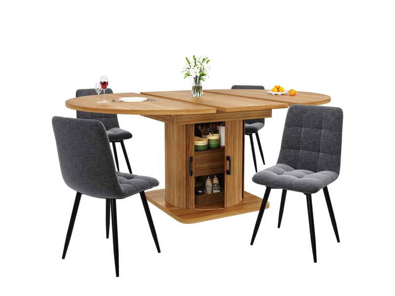  Ensemble table et chaises avec 1 table extensible et 4 chaises  - rangement - mdf et lin - brun foncé  - Conforama A