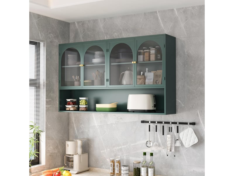Buffet de cuisine - 120x23x70cm - meuble haut, armoire murale 4 portes en verre gris & étagère, style industriel - vert - Conforama B