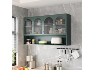 Buffet de cuisine - 120x23x70cm - meuble haut, armoire murale 4 portes en verre gris & étagère, style industriel - vert