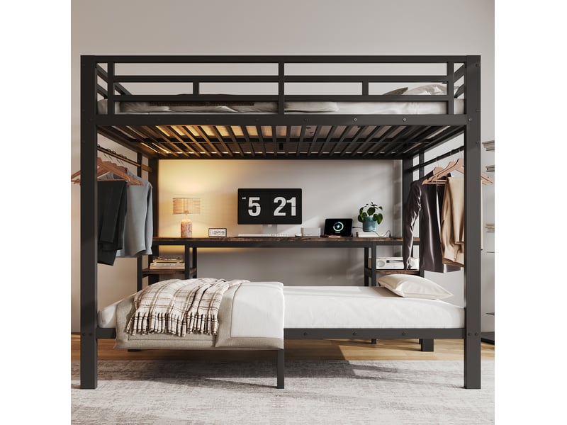  Lit superposé 140x200 et 90x200 cm, bureau, penderie, prises usb, deux échelles, métal noir, sans matelas  - Conforama D